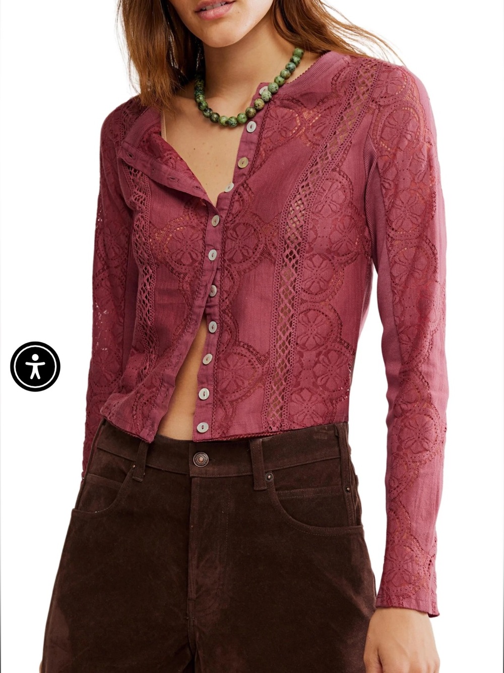 Free People Jae Sheer Crushed Berry Lace Knit Long Sleeve Top (Size Small)